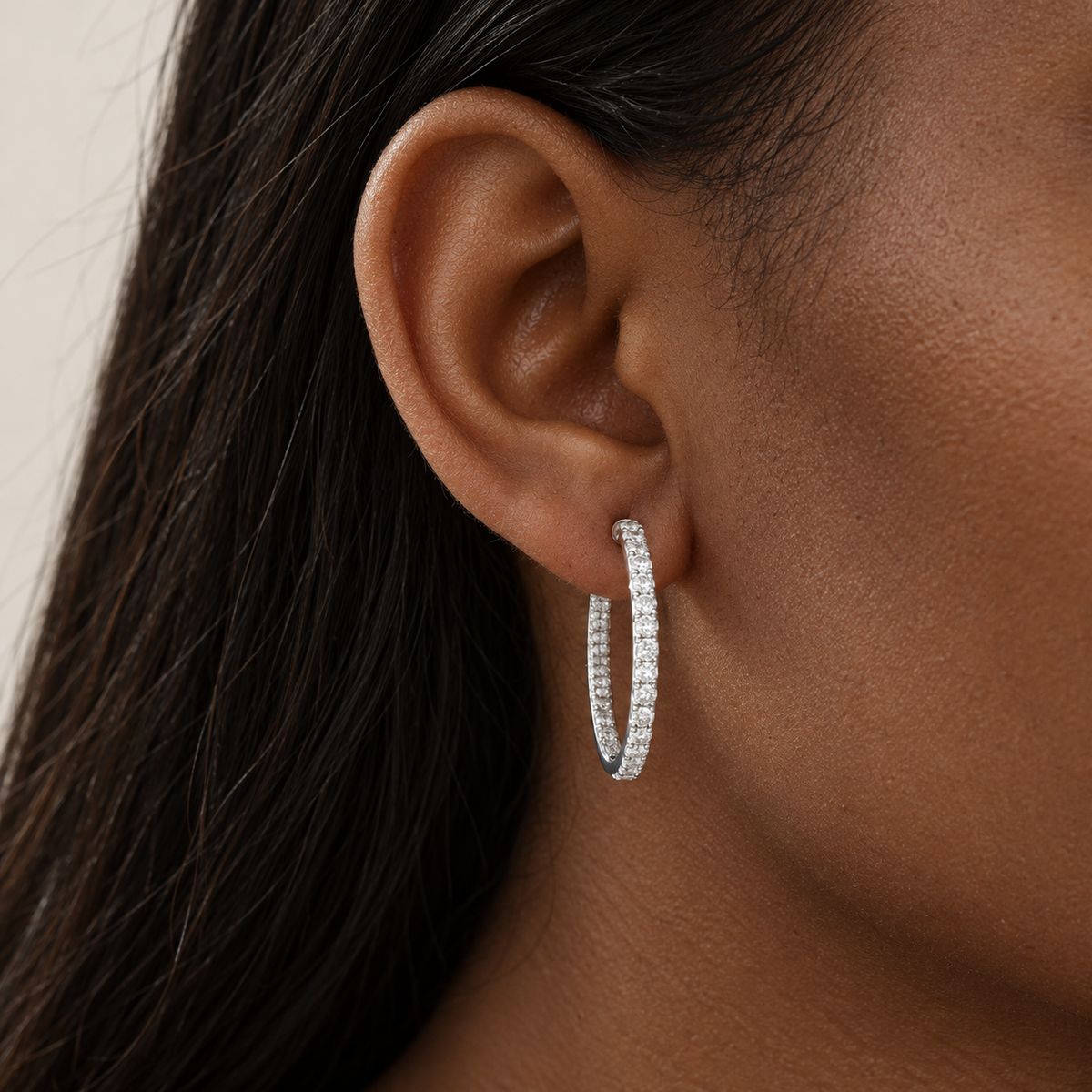 Classic Diamond Hoops by STUDIOHERSBY worn on the ear