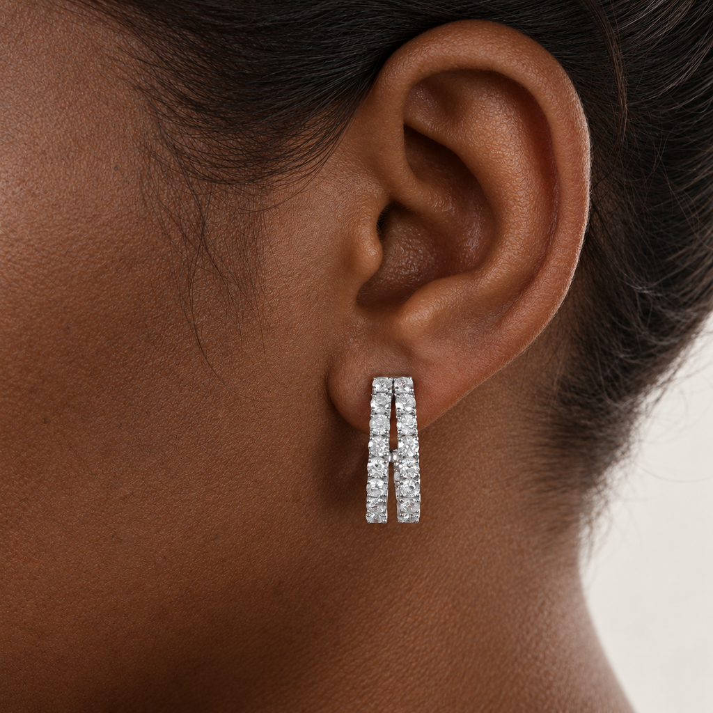 Double Line Diamond Half Hoops by STUDIOHERSBY worn on the ear