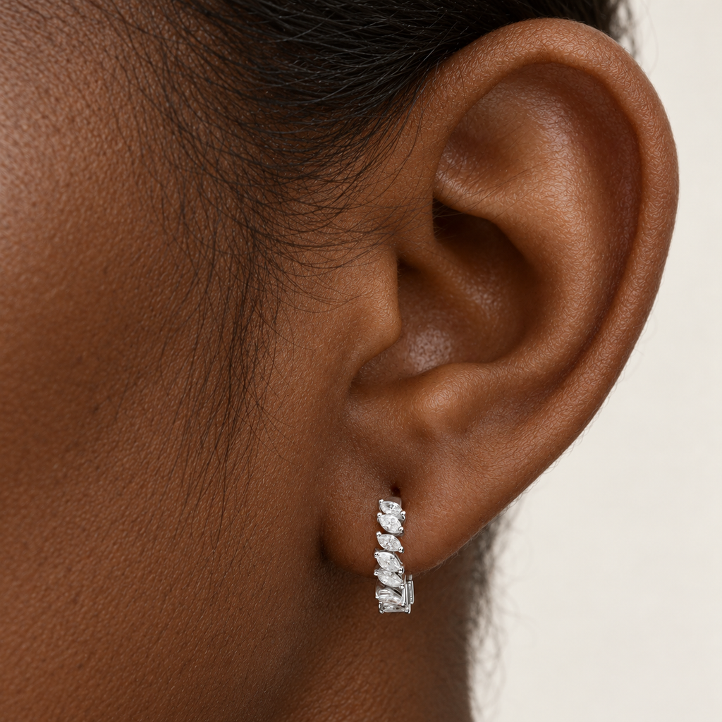 Petit Marquise Diamond Hoops by STUDIOHERSBY worn on the ear